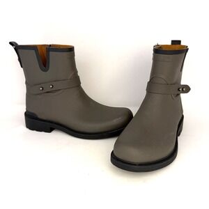 Rag & Bone Moto Rain Boots Olive Green Gray Rubber Side Zip Waterproof Womens 40
